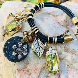 Custom Vintage Watch Faces w/ Forest Watercolor Paintings Black Leather Bracelet